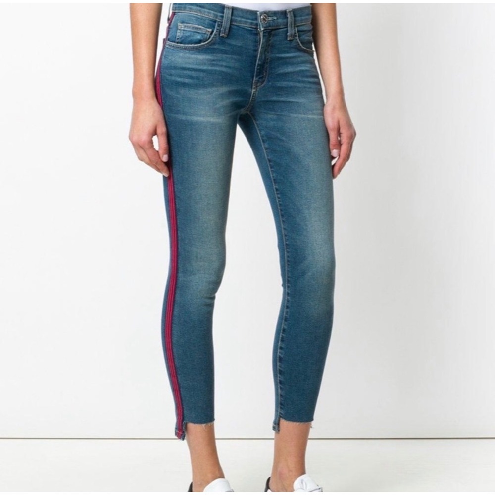 Current Elliott High Waist Stiletto Skinny Jean Red Stripe Raw Hem 29 Med Wash